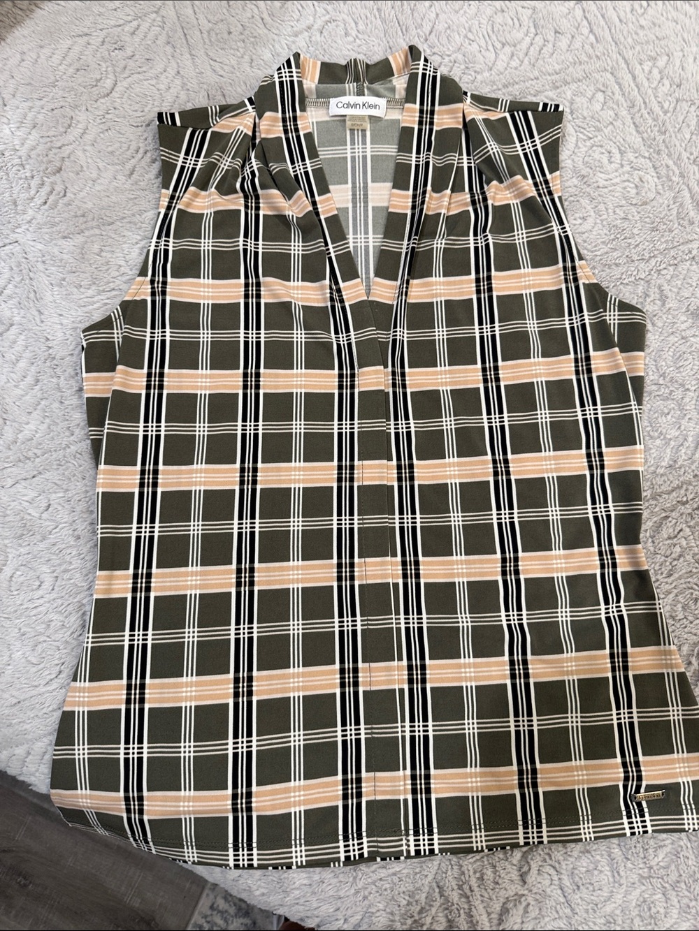 Calvin Klein Olive and Beige Plaid Sleeveless V-Neck Top